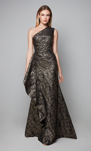 Luciana one shoulder crystallized black gold french lace long dress –  BACCIO by Altamirano